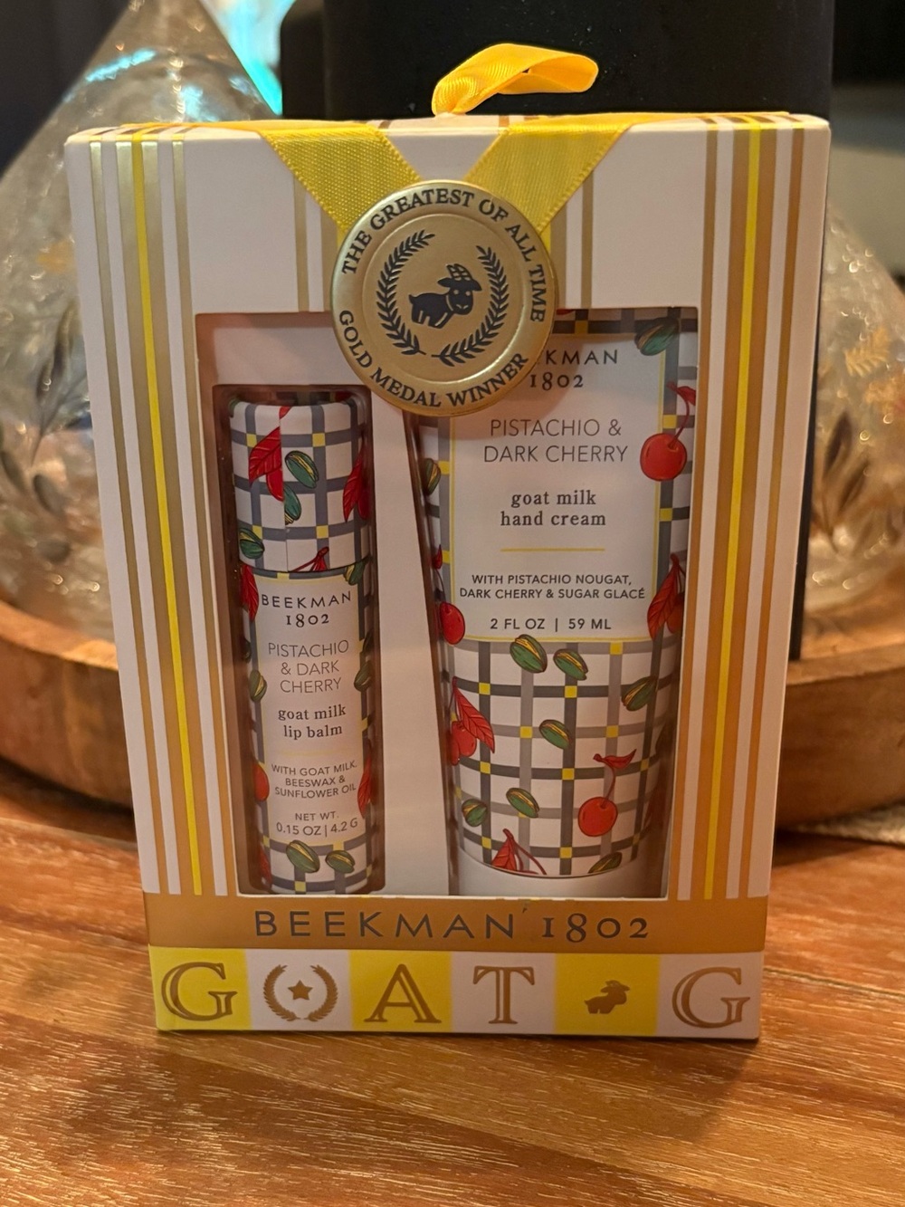 Beekman 1802 Pistachio & Dark Cherry Goat Milk Hand Cream + Lip Balm Gift Set